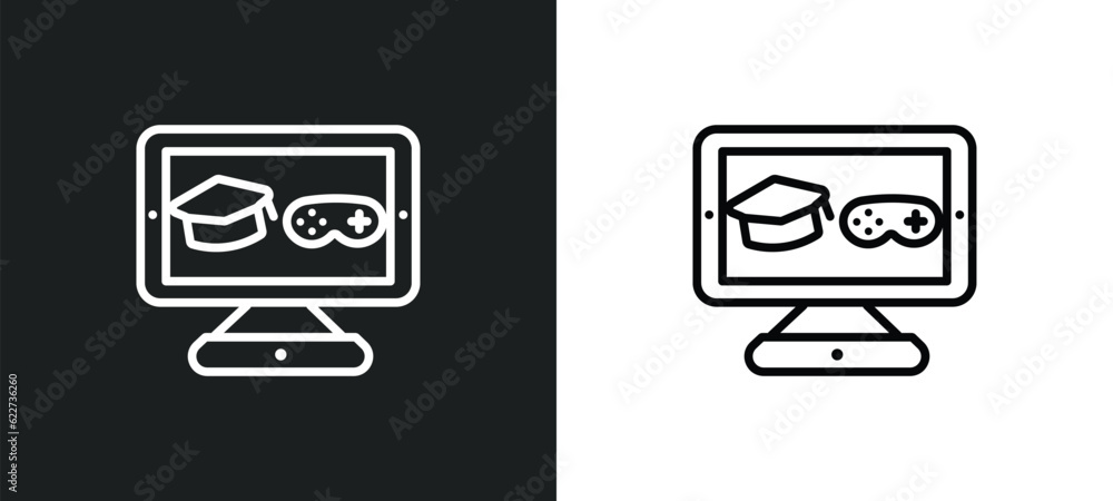 Poster game-based learning outline icon in white and black colors. game-based learning flat vector icon fro