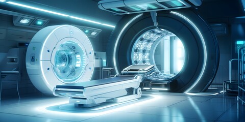 Fototapeta na wymiar advanced mri or ct scan medical diagnosis machine at hospital lab as wide banner with copy space area - Generative AI