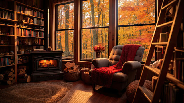 cosy living room interior in autumn. 