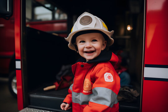 Little child wearing firefighter outfit