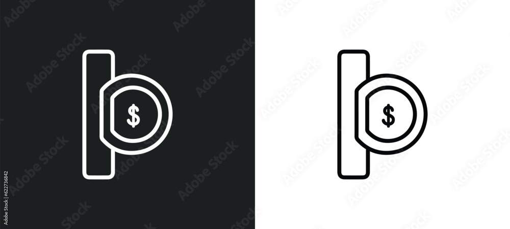 Poster insert coin outline icon in white and black colors. insert coin flat vector icon from payment collec