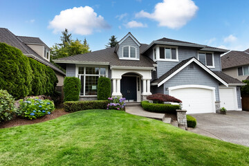Beautiful home with green grass yard and blooming hydrangea flowers - 622736808