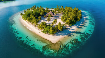 Romantic and dreamy heart-shaped island in the middle of the ocean. Island covered with green palm trees and colorful flowers. Tropical heart shape desert island with white sand beach. Generative AI
