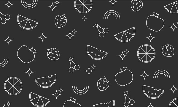 Fruit pattern background vector, abstract fruits seamless pattern. Fresh fruits wallpaper with apple, watermelon, lemon, orange and cherry in outline thin line design.