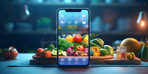 Mobile phone for searching online recipe, diet, nutrition. Grocery shopping app concept