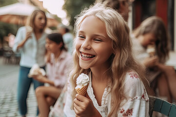 Happy kid girl eat ice cream with family in cafe at summer park, created with Generative AI
