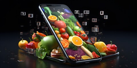 Mobile phone for searching online recipe, diet, nutrition. Grocery shopping app concept