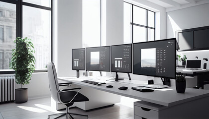Fototapeta premium Modern open space office with computer monitors on white desks Ai generated image