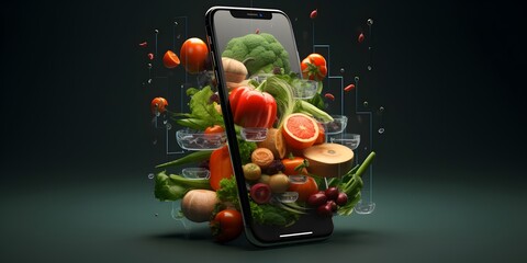 Mobile phone for searching online recipe, diet, nutrition. Grocery shopping app concept - obrazy, fototapety, plakaty