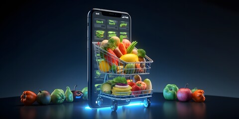 Mobile phone for searching online recipe, diet, nutrition. Grocery shopping app concept