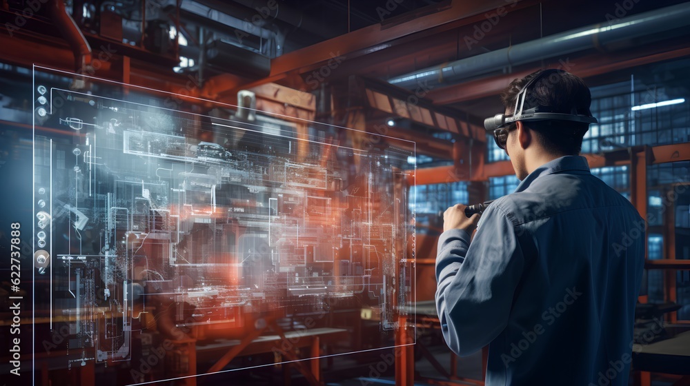 Poster showcasing predictive maintenance in factories, a factory worker views a holographic projection of a