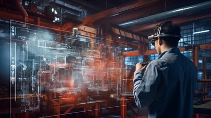 Showcasing predictive maintenance in factories, a factory worker views a holographic projection of a machine internals. Innovative solution for proactive issue detection and resolution. Generative AI