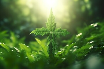The cross of God with green Leaf, in the rays of the sun and blue sky. Cross on the hill with green trees and graeen natural view. Religious concept, AI Generative