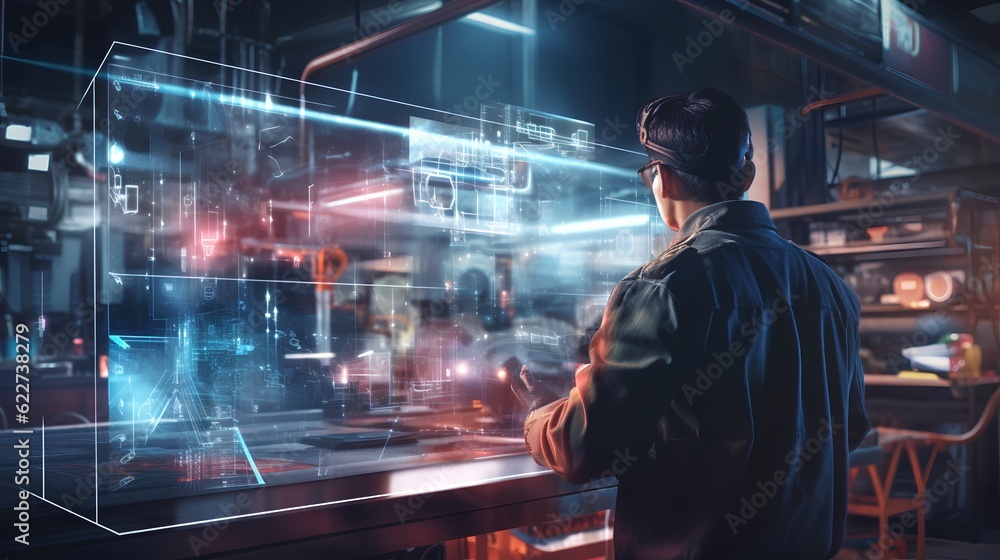 Poster showcasing predictive maintenance in factories, a factory worker views a holographic projection of a