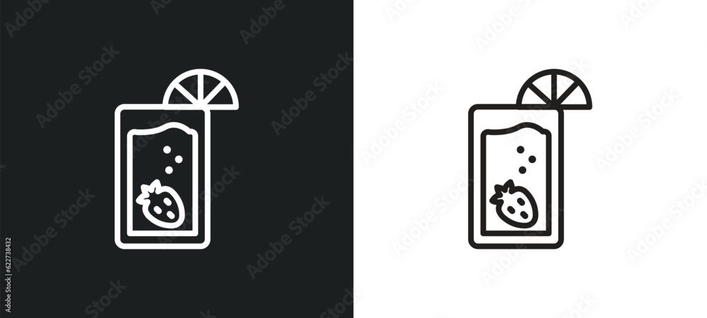 Poster fresh soda with lemon slice and straw outline icon in white and black colors. fresh soda with lemon 