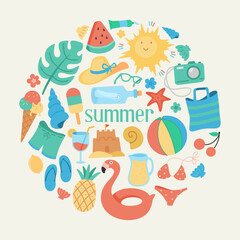 vector cartoon summer elements. Kids vacations doodle stickers, underwater and seaside icons. Cute tropical beach drink, sweets, decent vector kit, Summer season poster, beach holiday