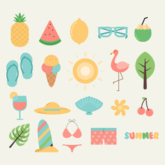 vector cartoon summer elements. Kids vacations stickers, underwater and seaside icons. Cute tropical beach drink, sweets, decent vector kit, Summer season poster, beach holiday