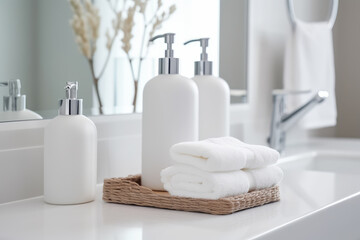 Obraz na płótnie Canvas Bathroom accessories on blurred modern white bathroom background with copy space. Generative AI. 