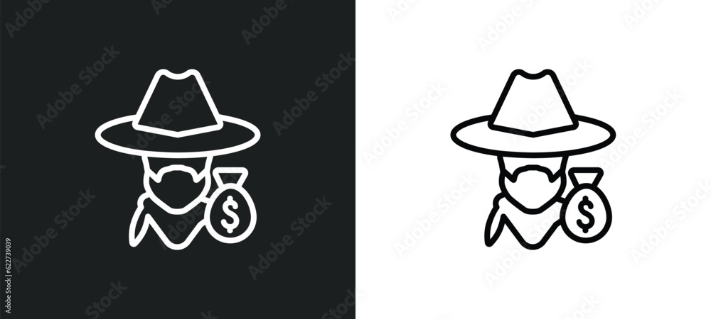 Poster bandit outline icon in white and black colors. bandit flat vector icon from wild west collection for