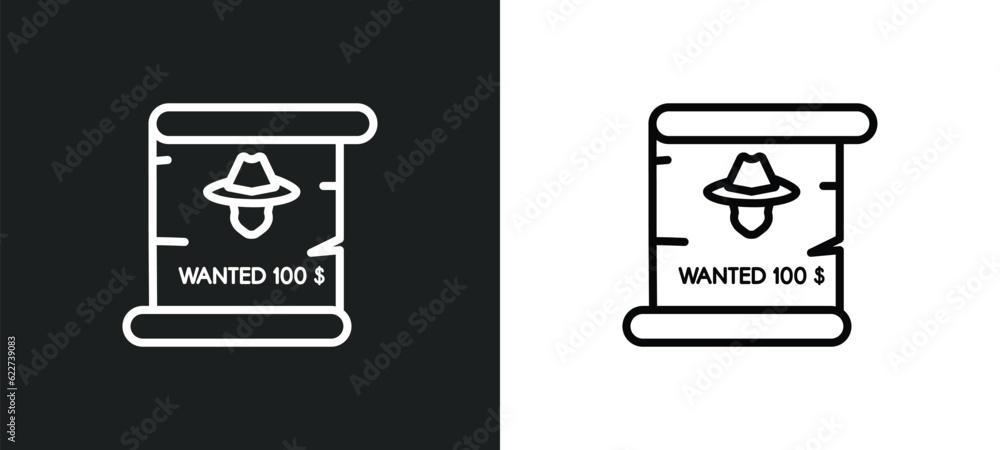Poster wanted outline icon in white and black colors. wanted flat vector icon from wild west collection for