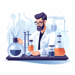 scientist/chemist in a laboratory with test tubes and chemicals.