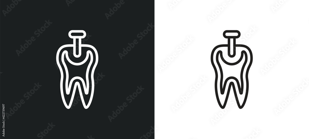 Poster tooth with metallic root outline icon in white and black colors. tooth with metallic root flat vecto