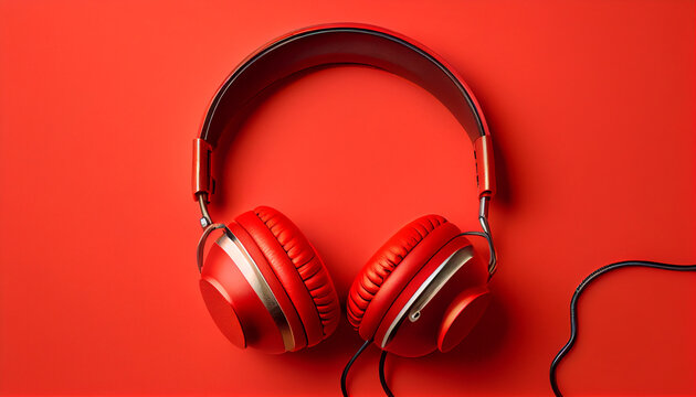 Retro old-fashioned headphones on vibrant orange background. Flat lay top down view Ai generated image