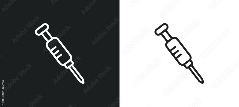 Poster empty syringe outline icon in white and black colors. empty syringe flat vector icon from dentist co