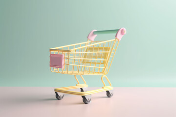 Small toy shopping cart on wheels isolated on flat background with copy space, banner template. Light pastel green yellow colors. Generative AI 3d render illustration imitation. - obrazy, fototapety, plakaty