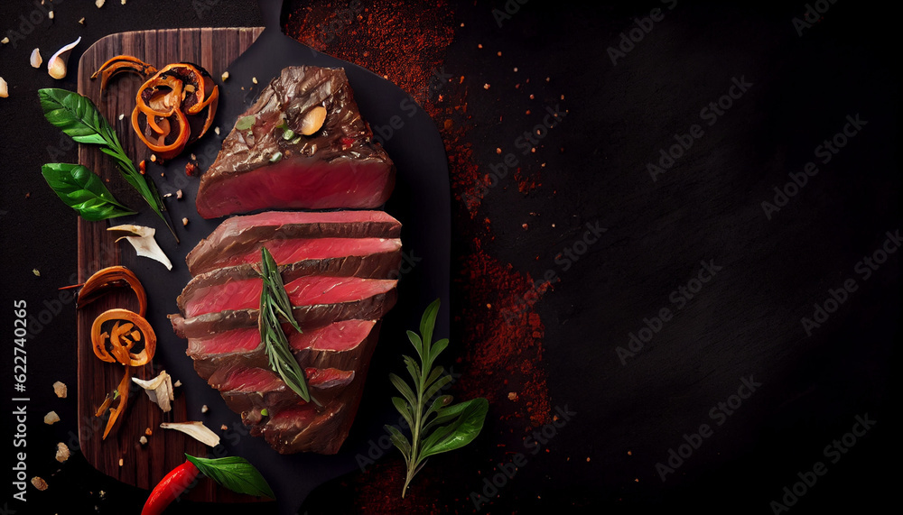 Wall mural sliced beef steak on dark background, top view with space for text. copy space ai generated image