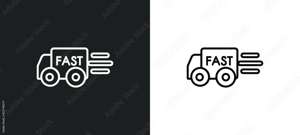 Poster fast delivery outline icon in white and black colors. fast delivery flat vector icon from packing an
