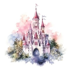 Watercolor Fairy tale Castle on white background Generative AI