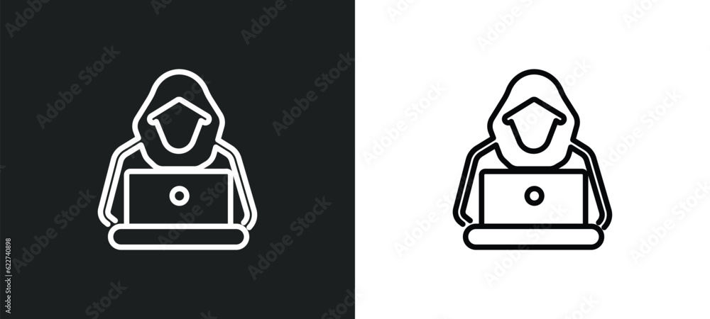 Poster hacking outline icon in white and black colors. hacking flat vector icon from cyber collection for w