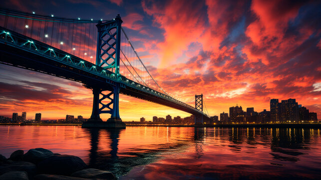 Sunset over the Benjamin Franklin Bridge in Philadelphia, Pennsylvania - Generative AI