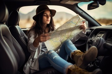 Fototapeta na wymiar Woman traveling alone sitting in car , AI Generated