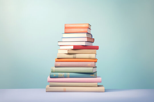 Stack of colorful books on pastel background with copyspace for text. Collection of different books. Back to school, education and learning concept. AI generated image