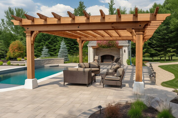 Photo of a luxurious backyard oasis with a sparkling pool and comfortable patio furniture - obrazy, fototapety, plakaty