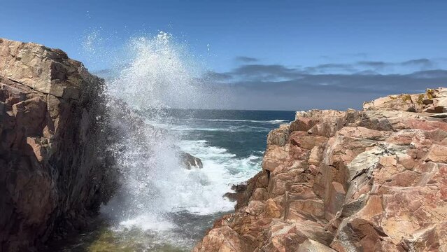 Atlantic ocean view, Relaxing, meditation background. Crashing waves by cliffs. Slow motion