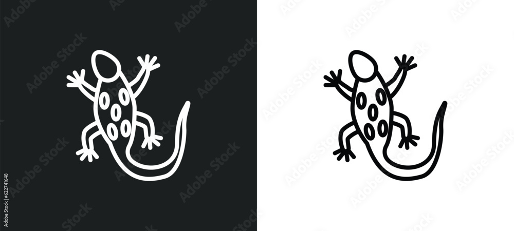 Poster gecko top view shape outline icon in white and black colors. gecko top view shape flat vector icon f