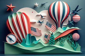Hot air balloon with american flag,  paper craft art for independence day.Generative ai.