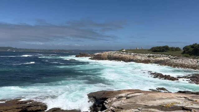 Atlantic ocean view, Relaxing, meditation background. Crashing waves by cliffs. Slow motion