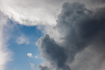 white storm clouds in sky background of nature. weather and climatic conditions, ecology. view of clouds from airplane window. Flight and freedom are religion. The top of sky and atmosphere, solar