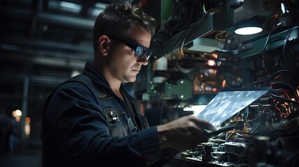 Engineer with AR glasses, overlaying digital instructions of a complex machine. Use of augmented reality in industry to simplify complex tasks and enhance efficiency. Generative AI