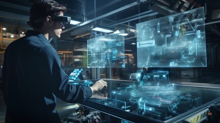 Engineer with AR glasses, overlaying digital instructions of a complex machine. Use of augmented reality in industry to simplify complex tasks and enhance efficiency. Generative AI