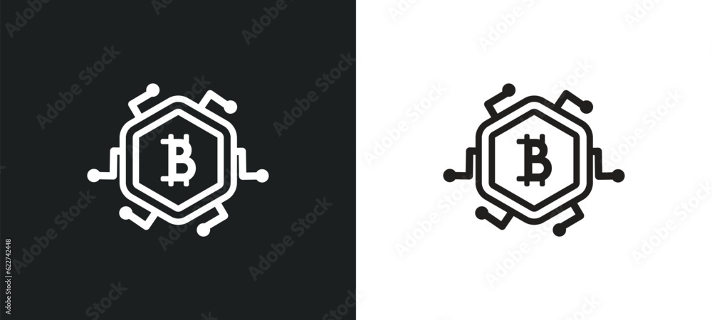 Poster bitcoin outline icon in white and black colors. bitcoin flat vector icon from blockchain collection 