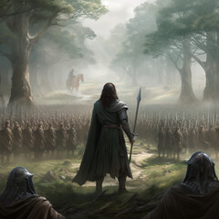 Fantasy landscape with a man in a dark blue cloak and hood.Generative AI
