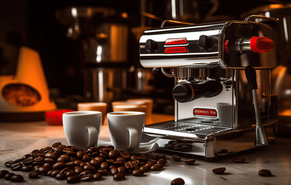 Espresso coffee maker and beans and cups of coffee created with Generative AI technology