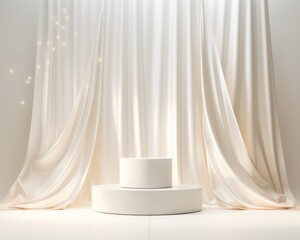 white podium with curtains and sparkling effect on cream background