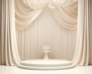 white podium with curtains and sparkling effect on cream background