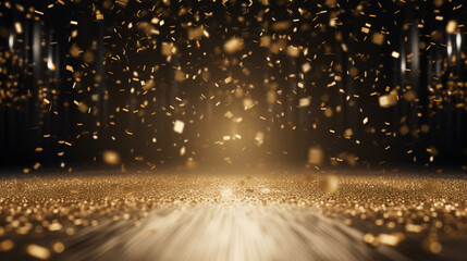 Golden confetti cascades down like a joyous rainfall, descending upon a vibrant and festive stage.  - obrazy, fototapety, plakaty